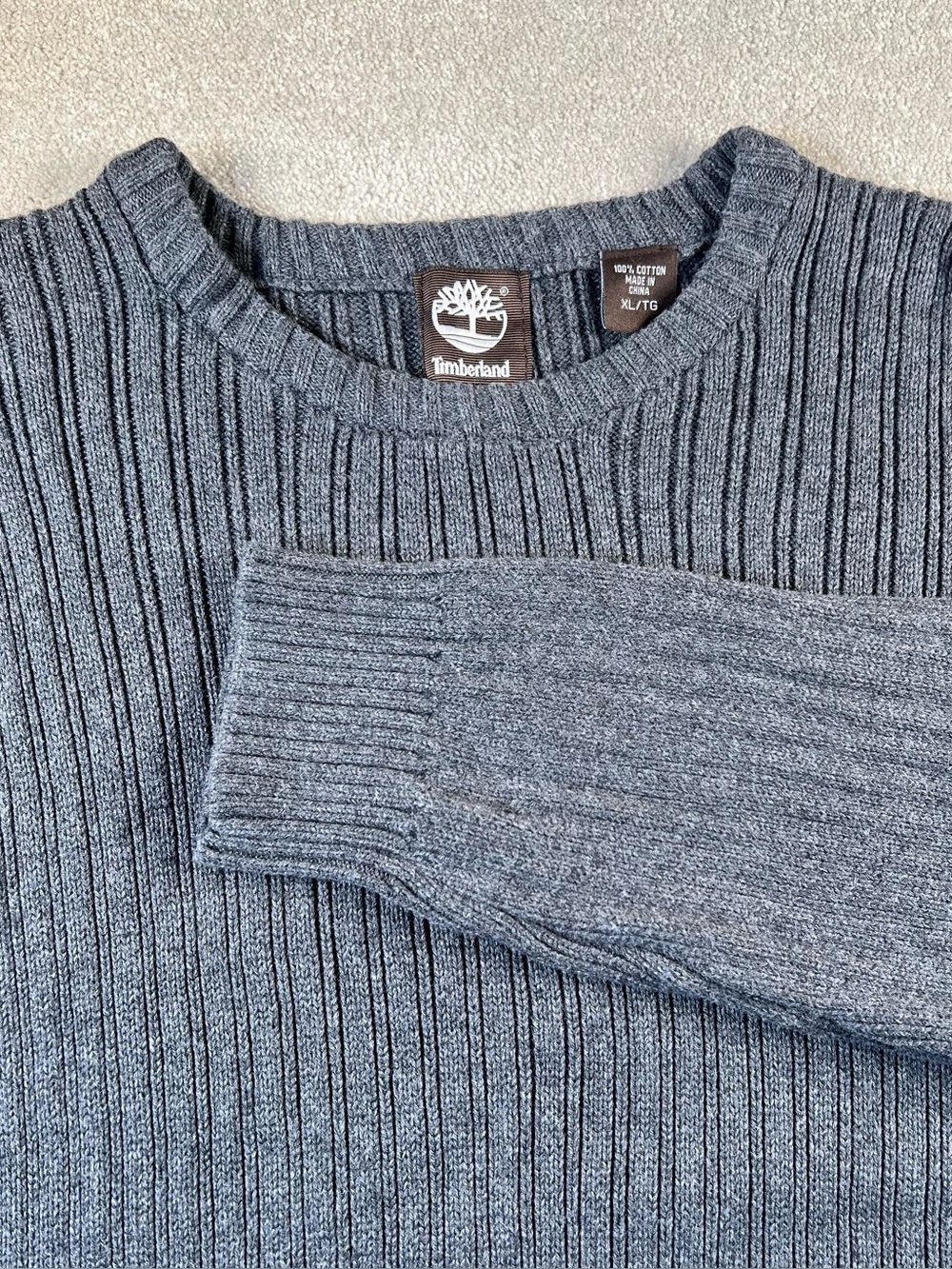 Timberland Sweater Grey Long Sleeve Crew Neck Ribbed 100%‎ cotton Knit Men's XL